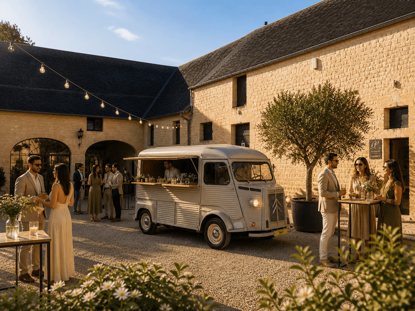 Citroën HY de 1972 servant les cocktails au vin d'honneur d'un mariage dans la cour du Domaine de la Cour des Lys