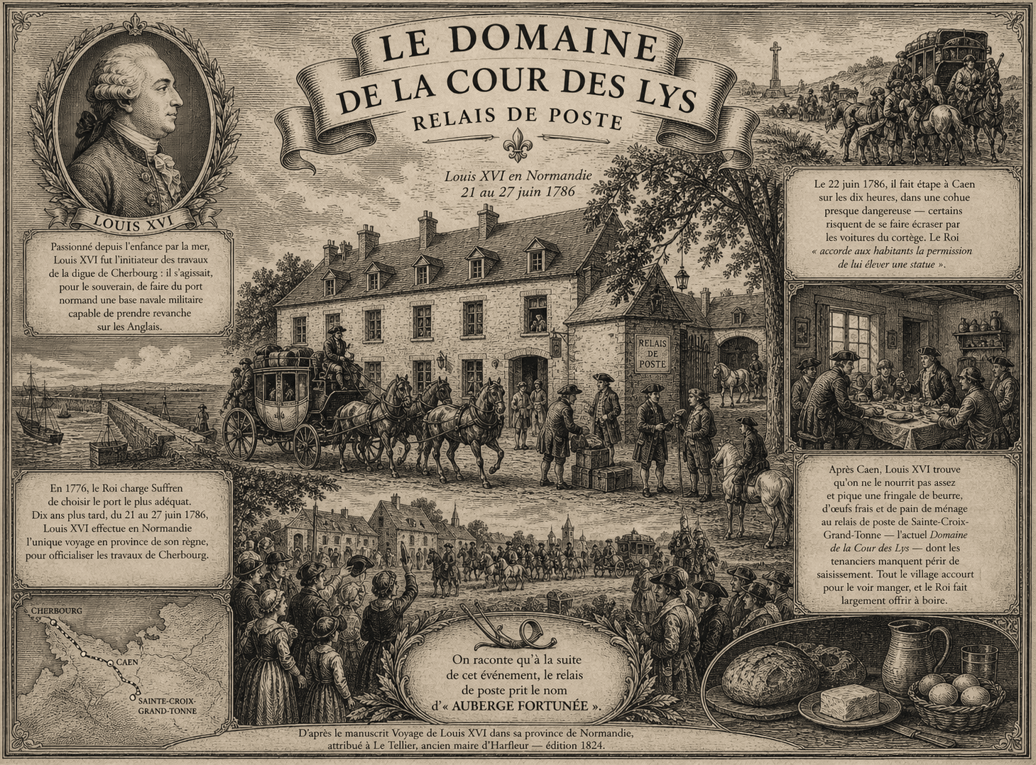 Gravure illustrée du voyage de Louis XVI en Normandie en juin 1786 — portrait du Roi, scène du relais de poste de Sainte-Croix-Grand-Tonne, carte de la route Cherbourg-Caen, mention de l'Auberge fortunée