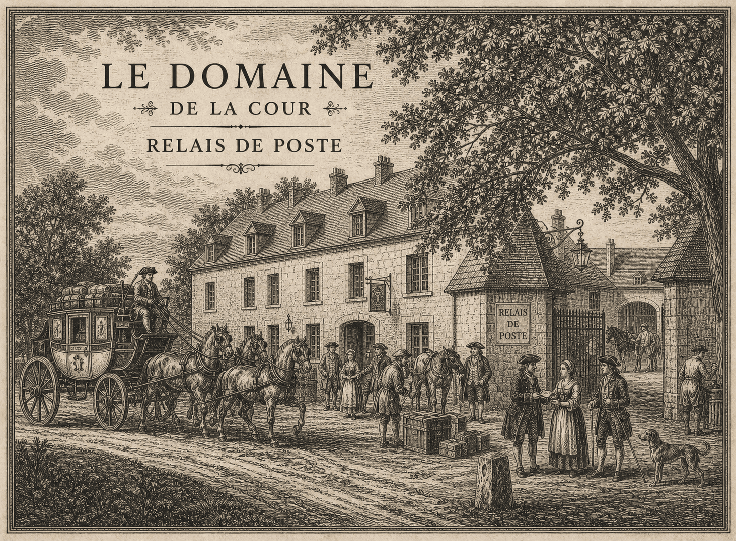 Gravure d'époque représentant le Domaine de la Cour des Lys en relais de poste, avec calèche, chevaux, postillon et voyageurs