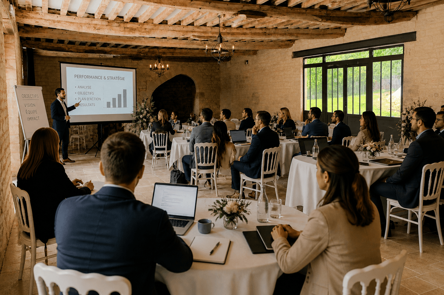 Séminaire au Domaine de la Cour des Lys — présentation et tables dressées dans la salle aux poutres anciennes